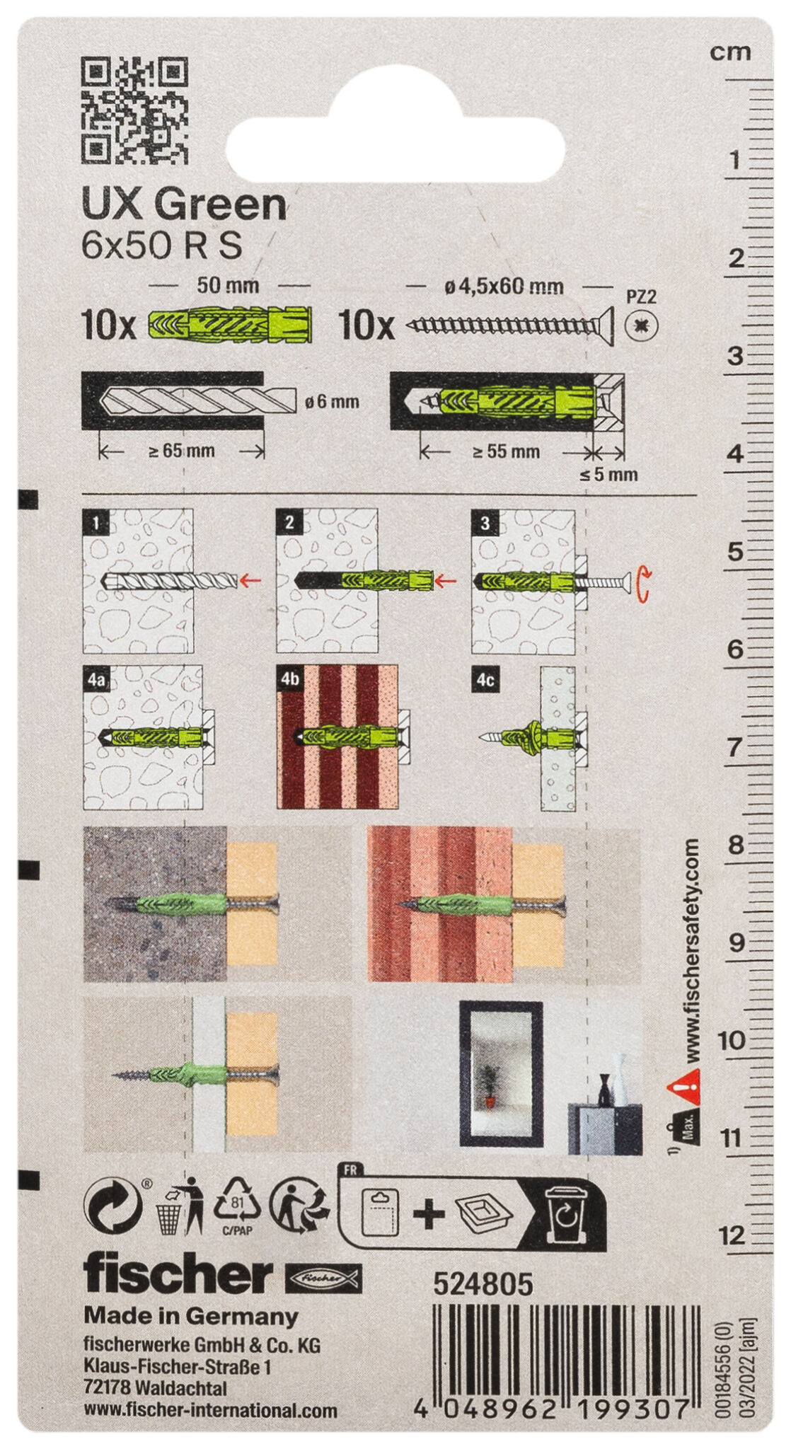 Packaging: "fischer Universal plug UX Green 6 x 50 R S K with rim, screw SB-card"