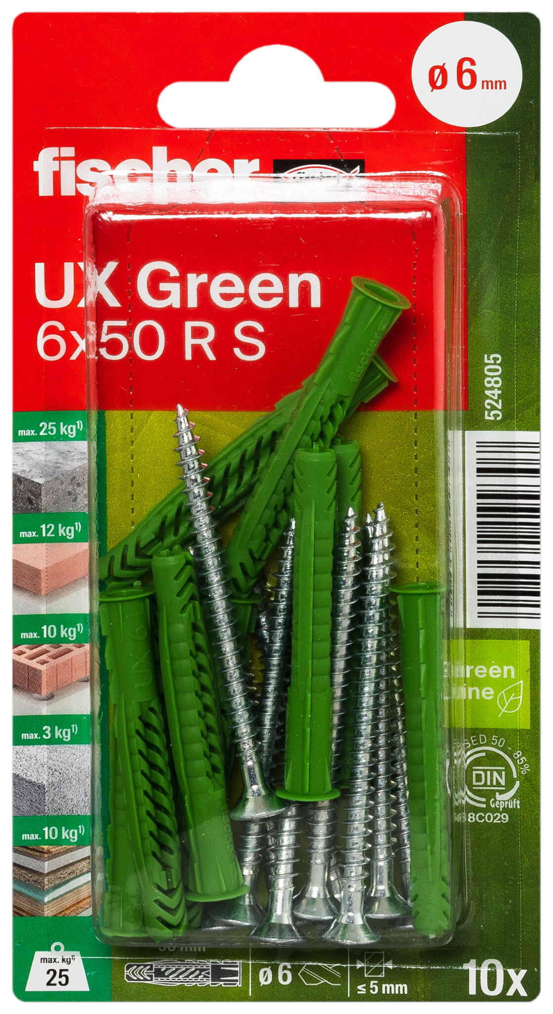 Packaging: "fischer Universal plug UX Green 6 x 50 R S K with rim, screw SB-card"