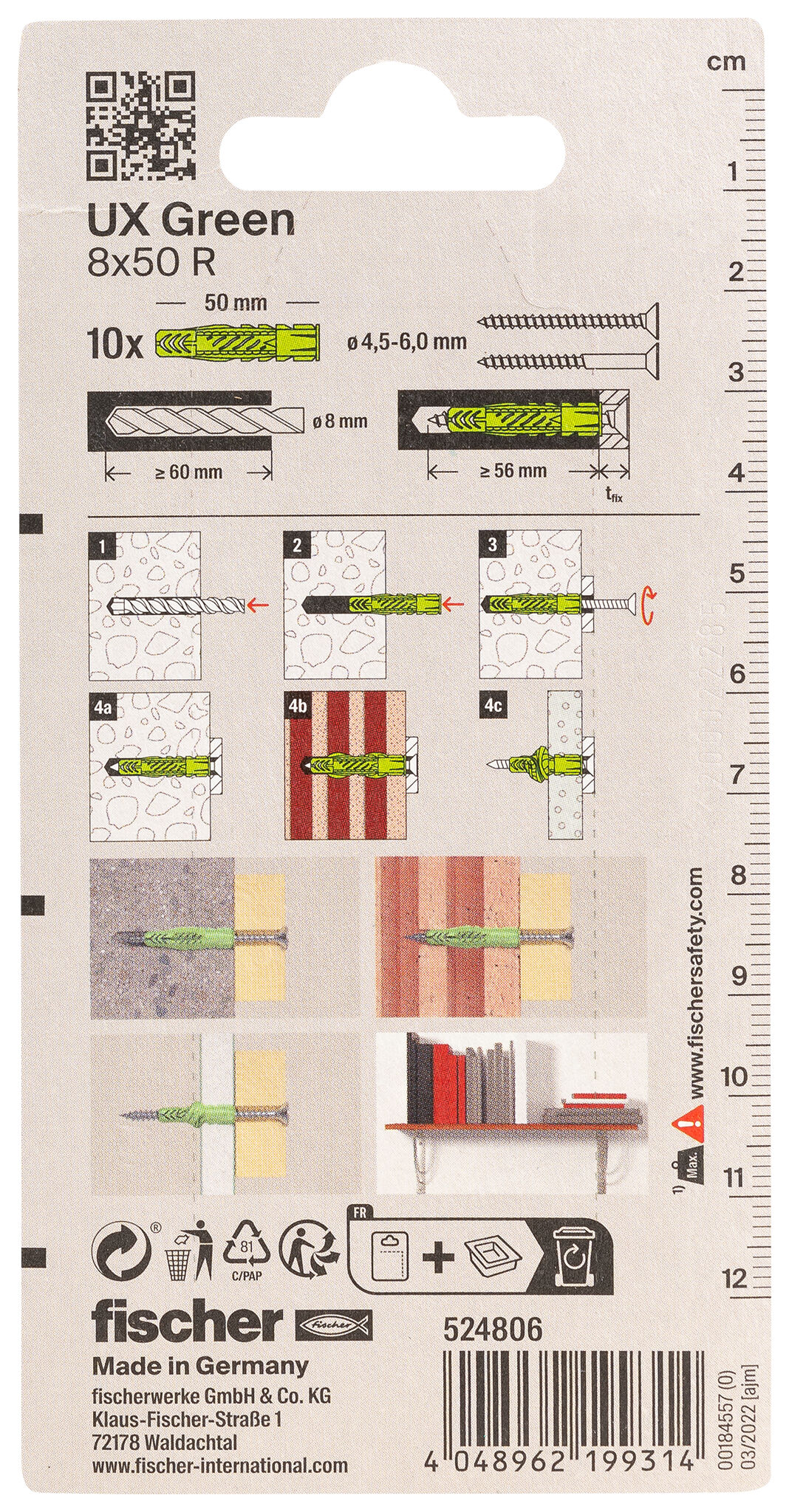 Packaging: "fischer Universal plug UX Green 8 x 50 R K with rim"