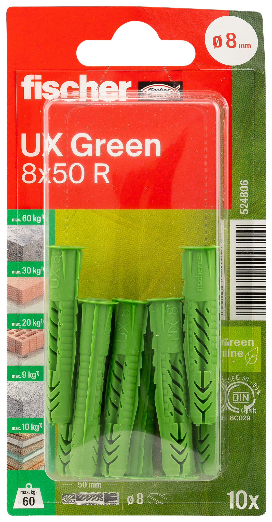 Packaging: "fischer Universal plug UX Green 8 x 50 R K with rim"