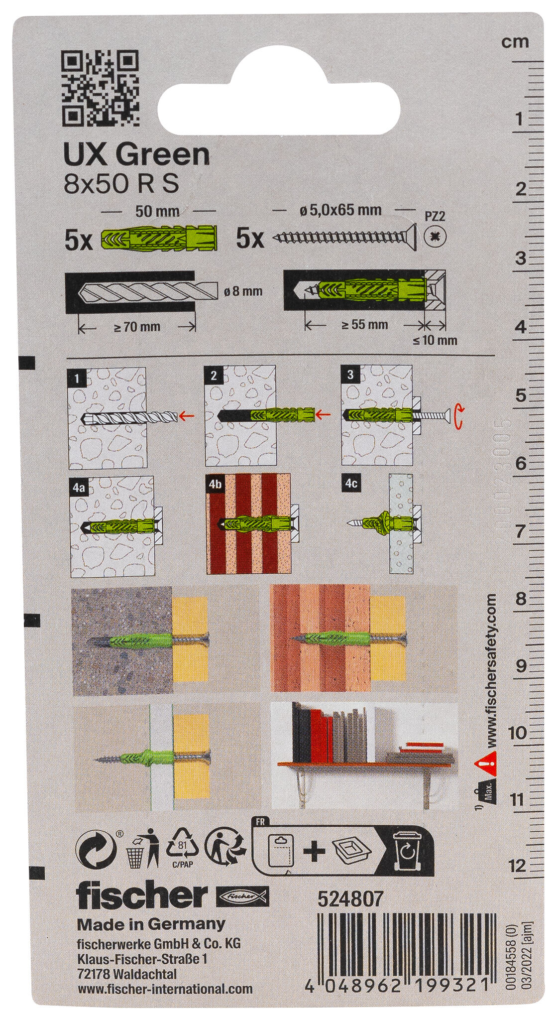 Verpackung: "fischer Universaldübel UX Green 8 x 50 R S mit Rand und Schraube"