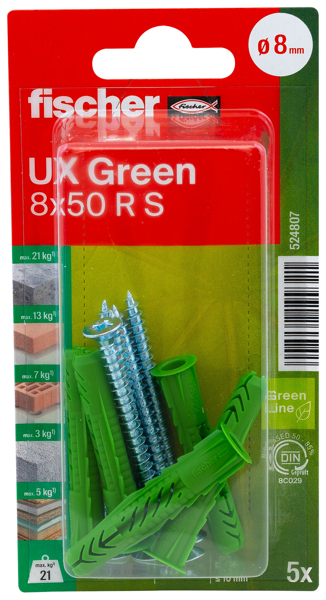 Verpackung: "fischer Universaldübel UX Green 8 x 50 R S mit Rand und Schraube"