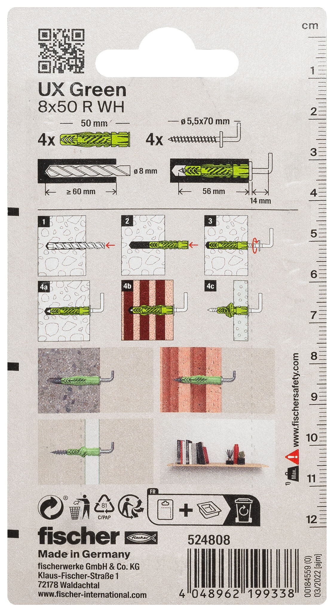 Verpackung: "fischer Universaldübel UX Green 8 x 50 R WH mit Rand"