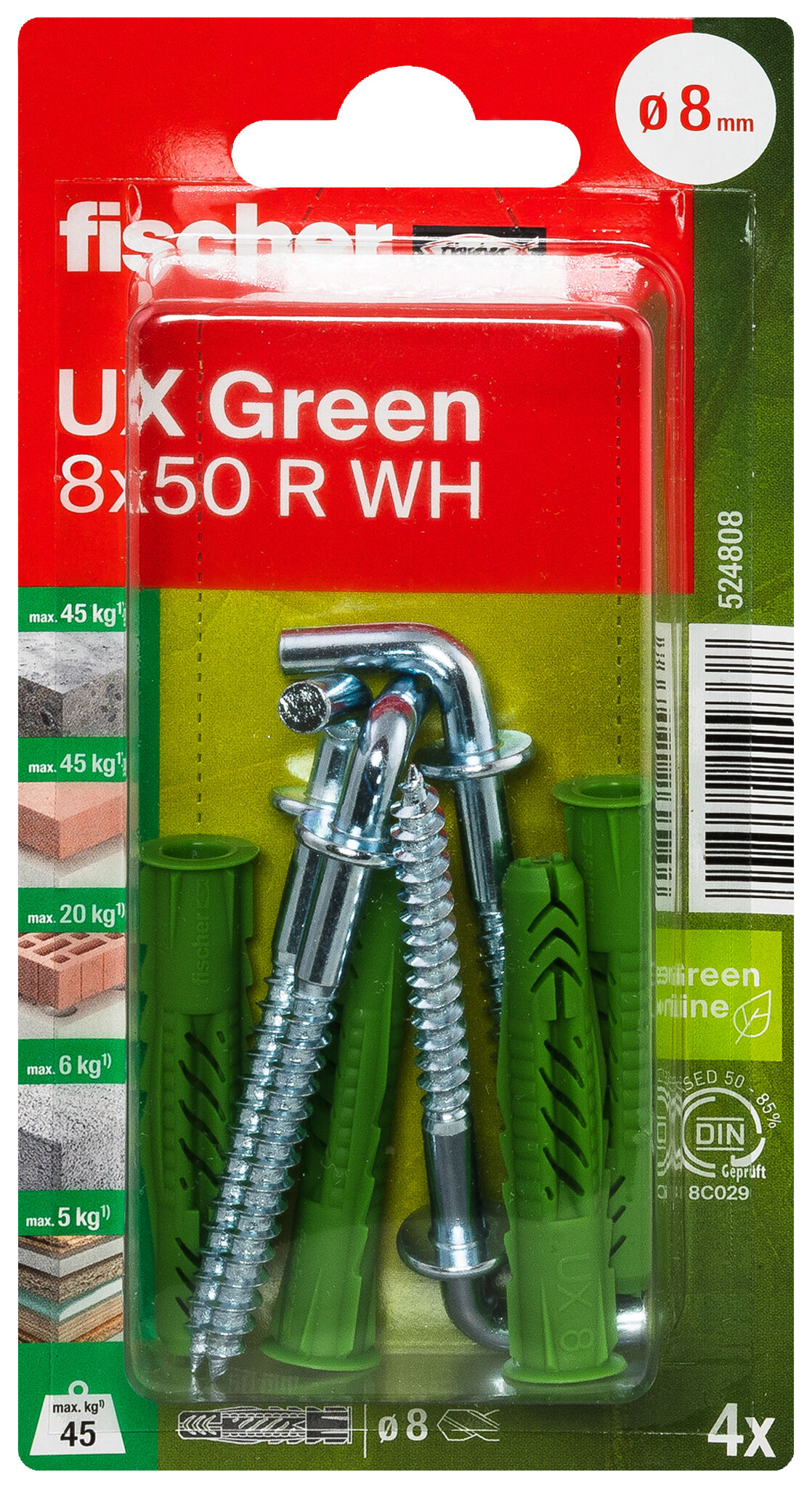 Verpackung: "fischer Universaldübel UX Green 8 x 50 R WH mit Rand"
