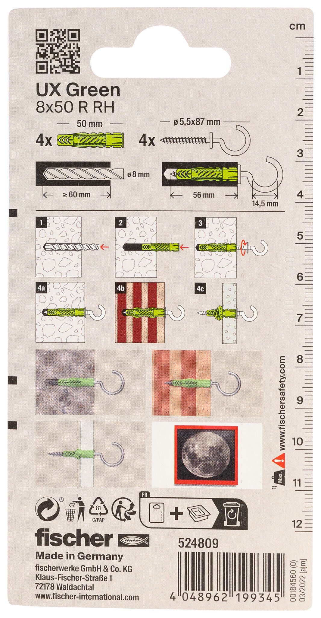 Packaging: "fischer Universal plug UX Green 8 x 50 R RH K with rim, round hook SB-card"