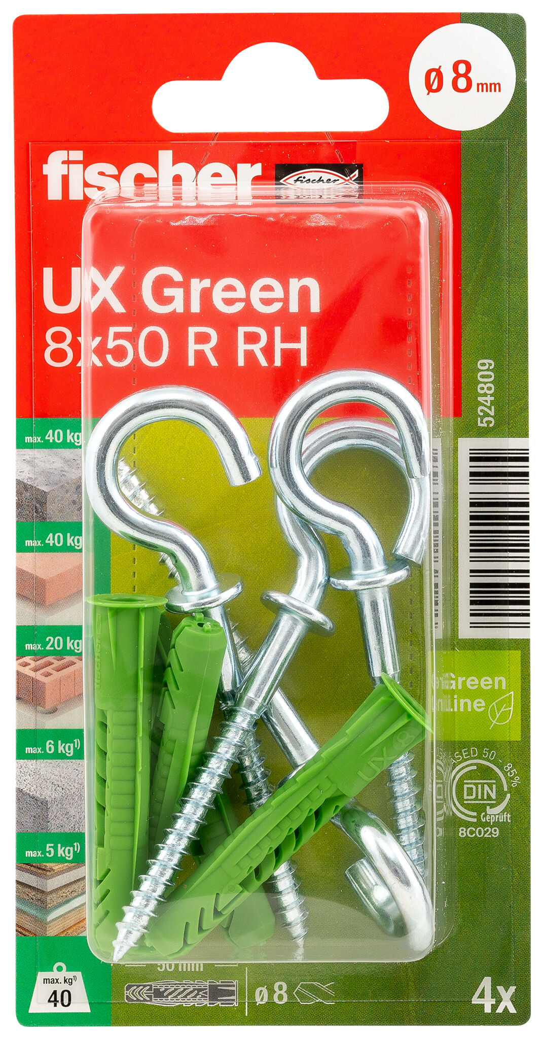 Packaging: "fischer Universal plug UX Green 8 x 50 R RH K with rim, round hook SB-card"