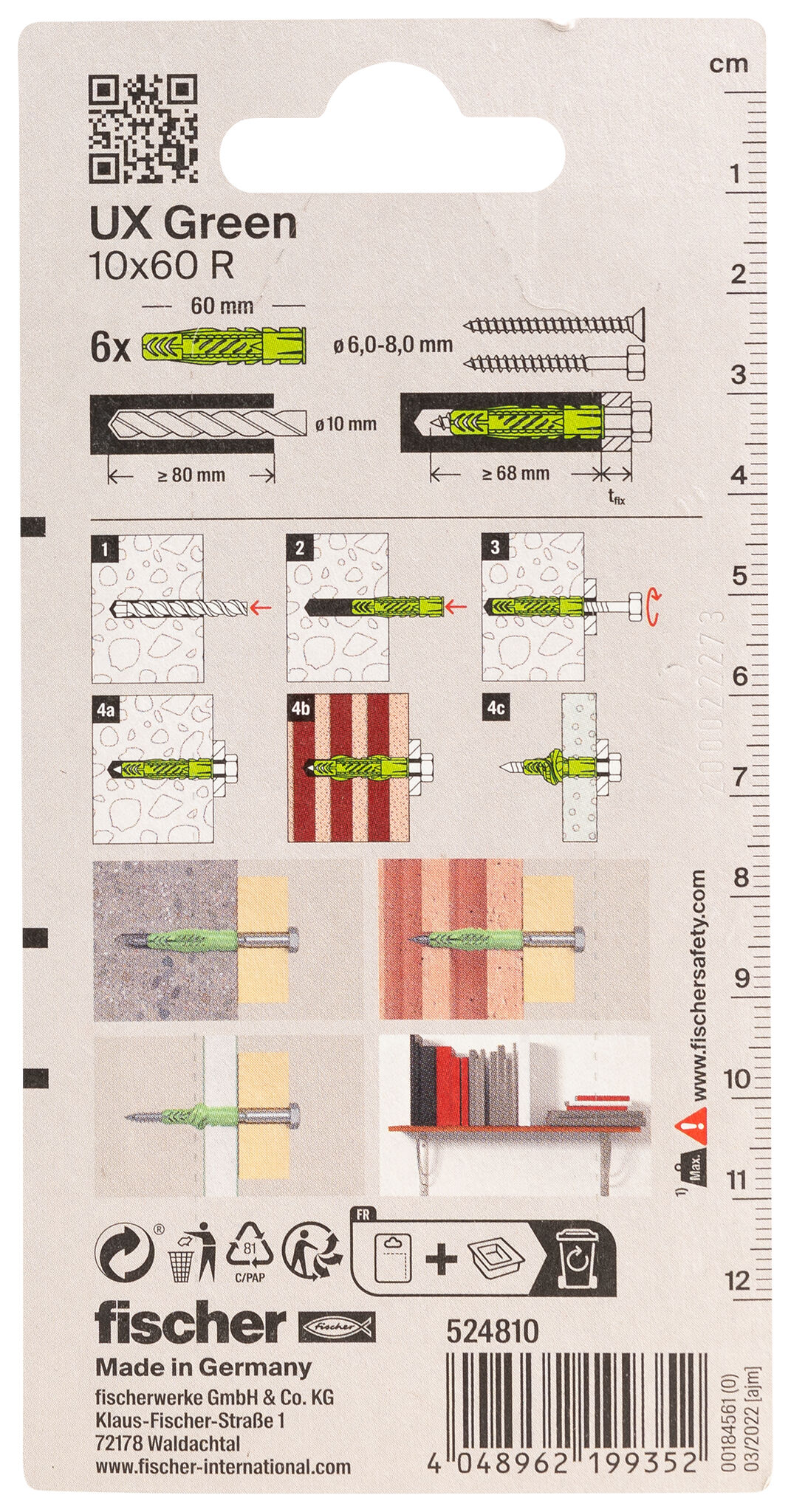 Packaging: "fischer Universal plug UX Green 10 x 60 R K with rim SB-card"