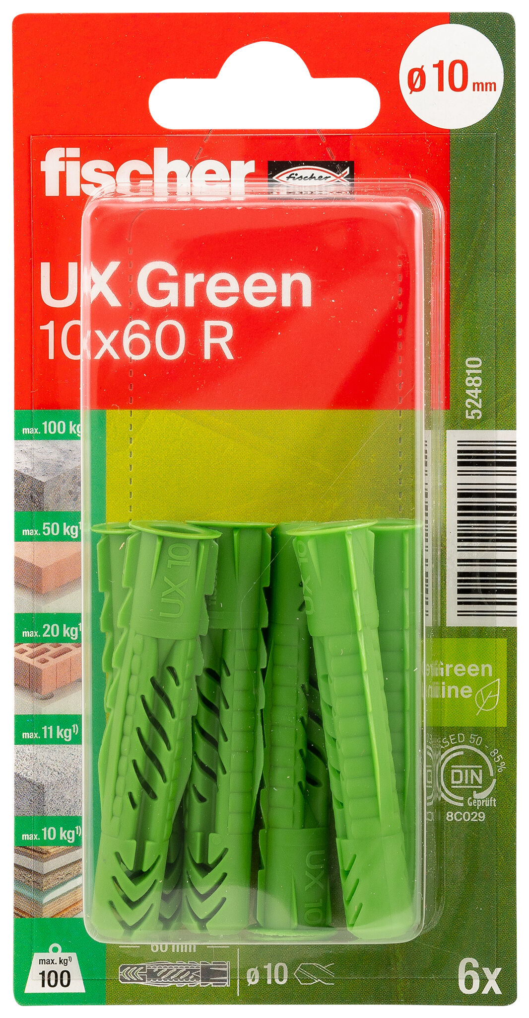Packaging: "fischer Universal plug UX Green 10 x 60 R K with rim SB-card"