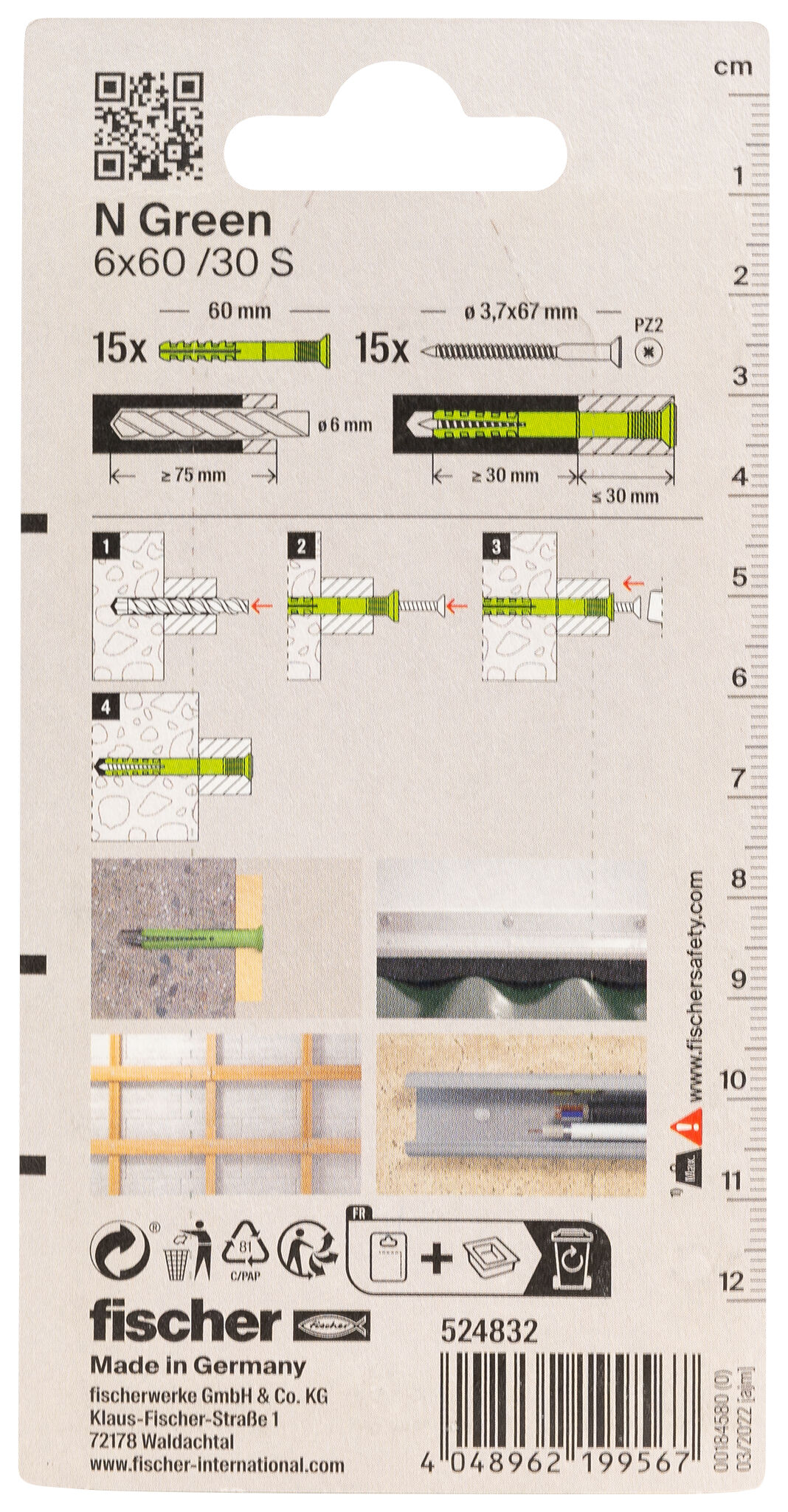 Packaging: "피셔 Hammerfix N Green 6 x 60/30 S 카운터성크(countersunk) 머리, 아연 도금 K"
