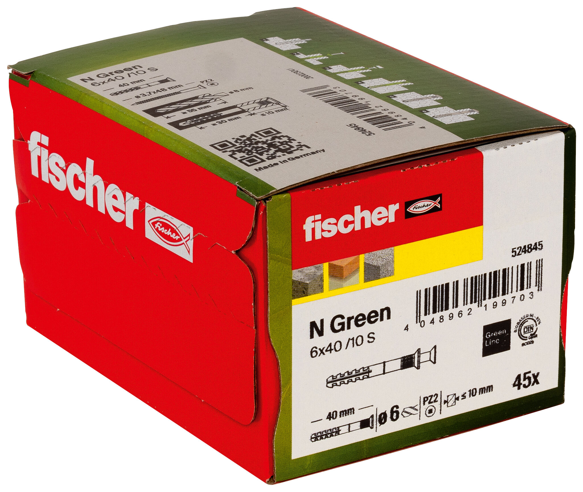 Verpackung: "fischer Nageldübel N Green 6 x 40/10 S Senkkopf"