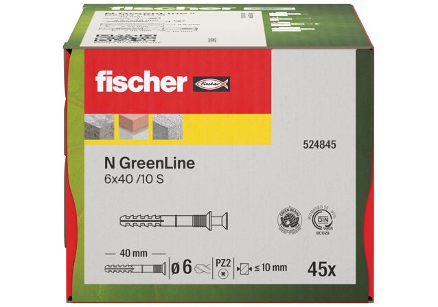 Verpackung: "fischer Nageldübel N GreenLine 6 x 40/10 S Senkkopf"