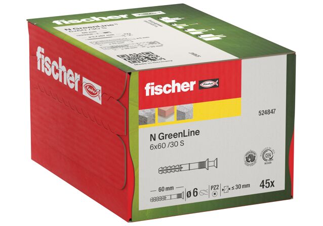 Verpackung: "fischer Nageldübel N GreenLine 6 x 60/30 S Senkkopf"