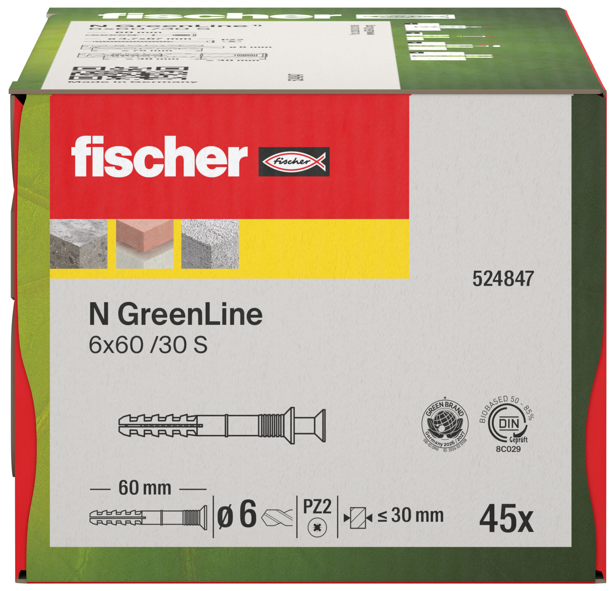 Verpackung: "fischer Nageldübel N GreenLine 6 x 60/30 S Senkkopf"