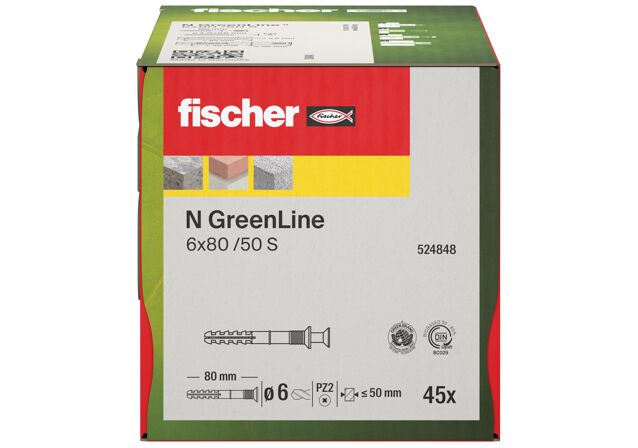 Verpackung: "fischer Nageldübel N GreenLine 6 x 80/50 S Senkkopf"