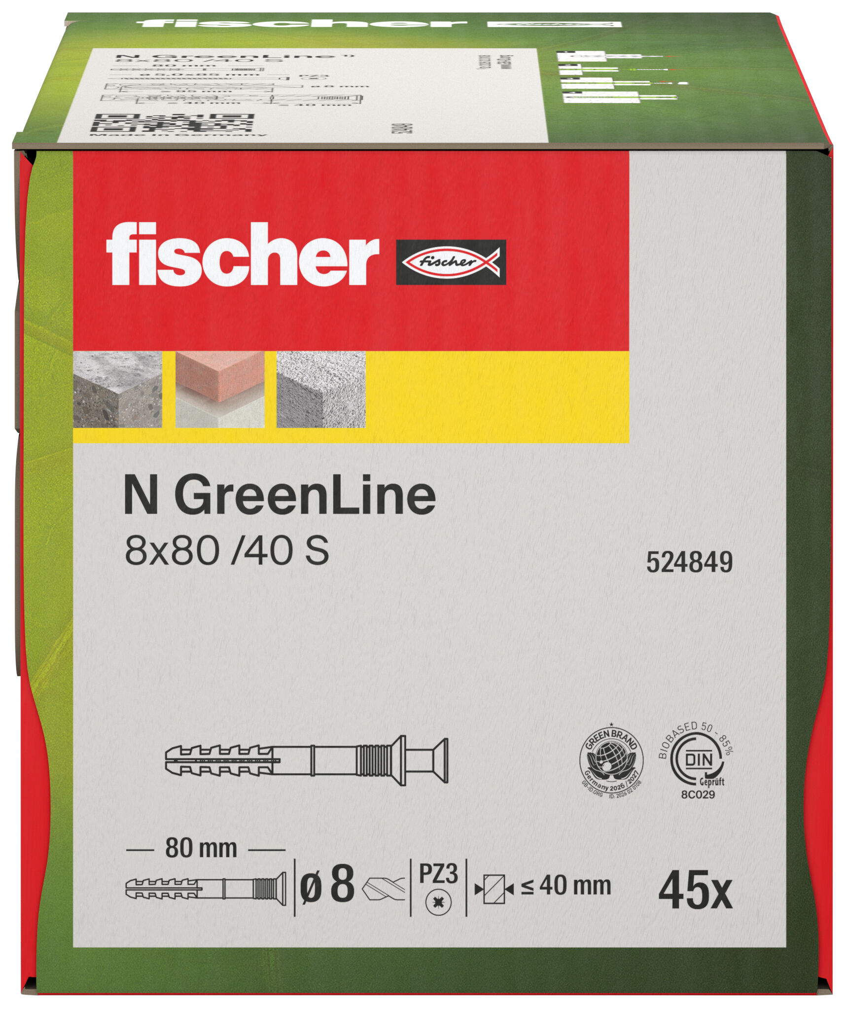 Verpackung: "fischer Nageldübel N GreenLine 8 x 80/40 S Senkkopf"
