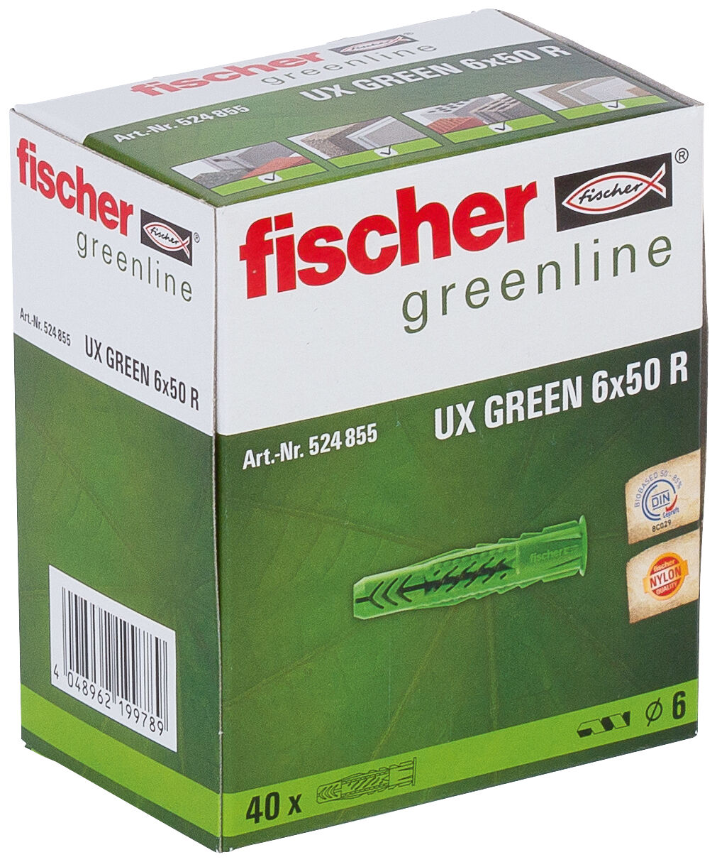 Verpackung: "fischer Universaldübel UX Green 6 x 50 R mit Rand"