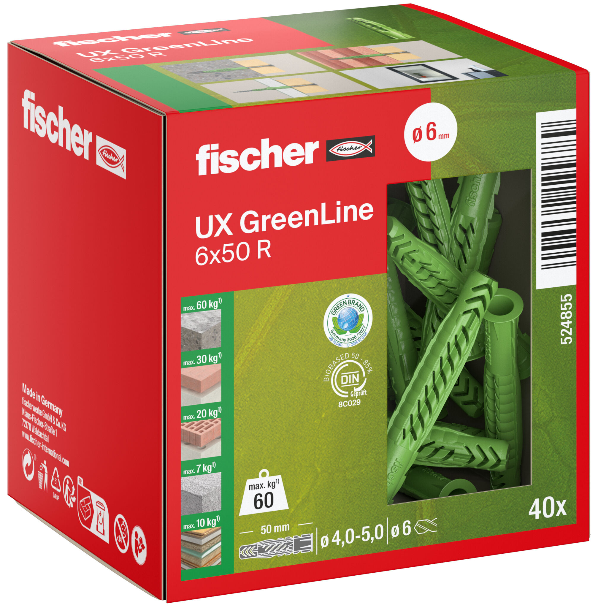 Packaging: "fischer Yleistulppa UX GreenLine 6 x 50 R with rim"