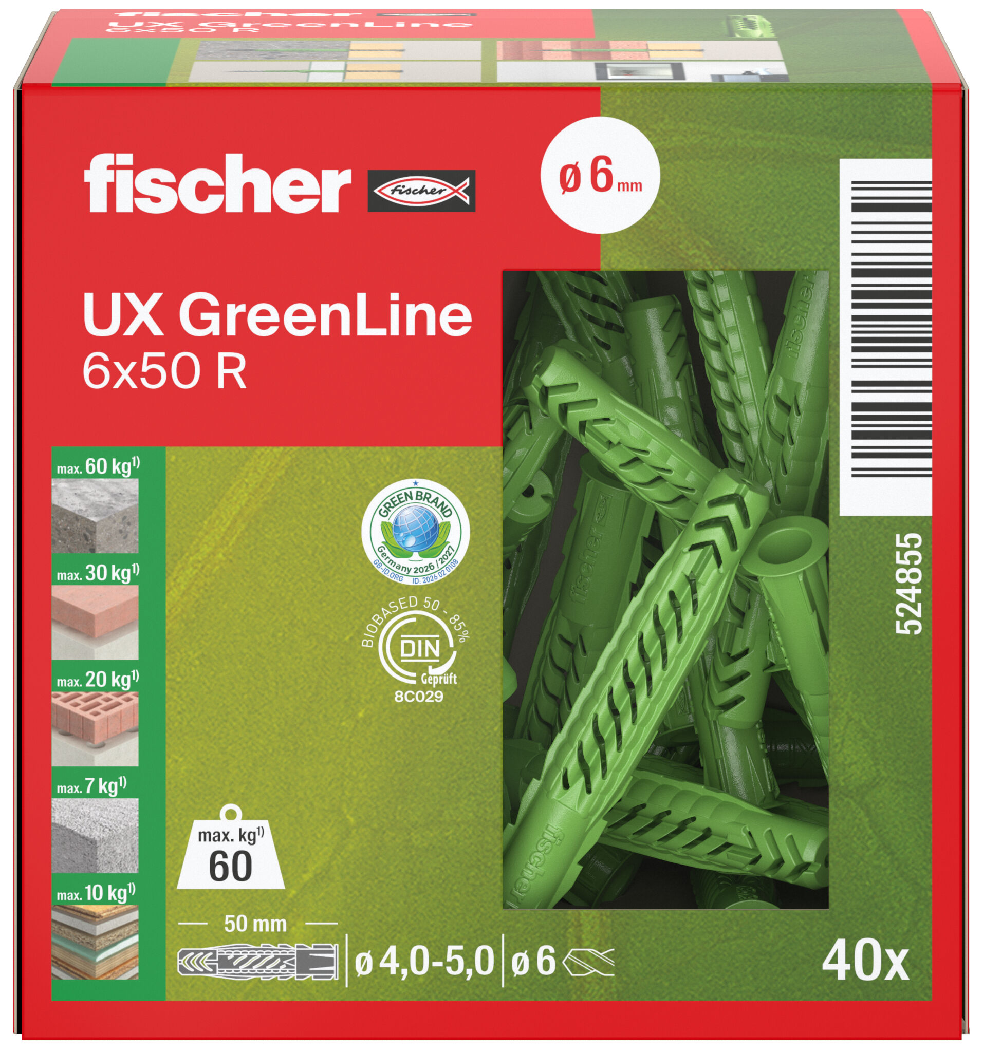 Packaging: "fischer Yleistulppa UX GreenLine 6 x 50 R with rim"