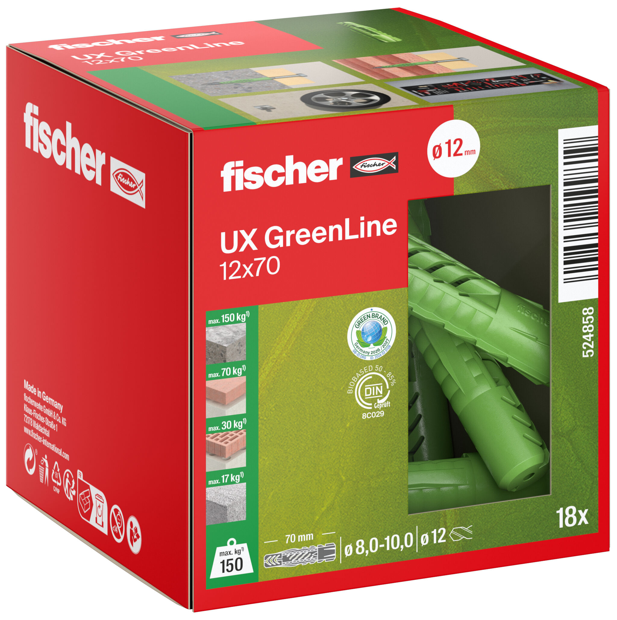 Verpackung: "fischer Universaldübel UX GreenLine 12 x 70"