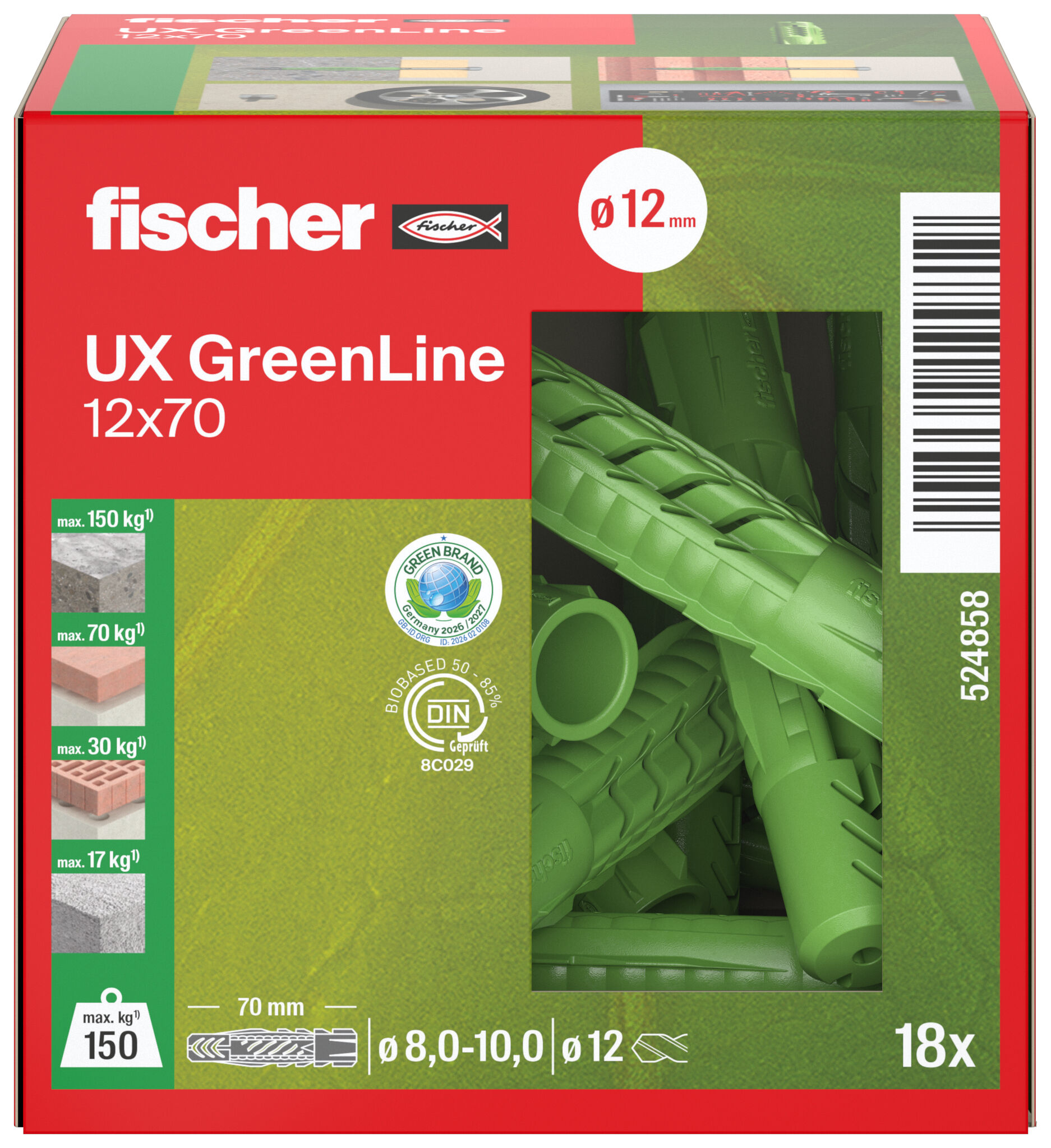 Verpackung: "fischer Universaldübel UX GreenLine 12 x 70"