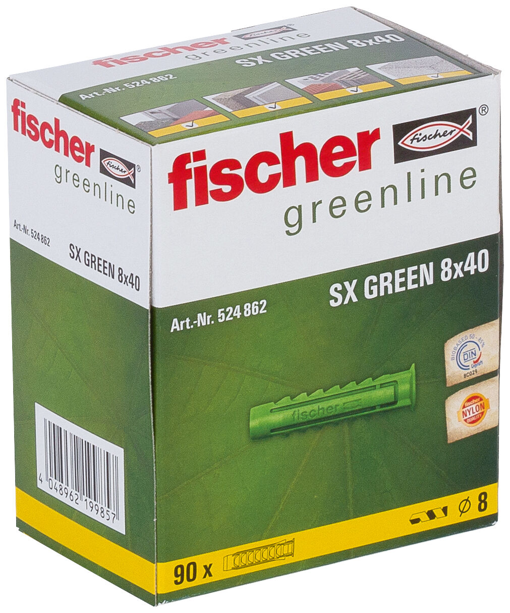 Packaging: "fischer Expansion plug SX Green 8 x 40 with rim"
