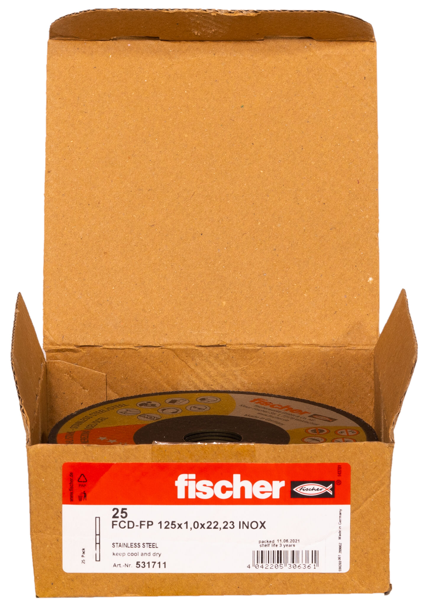 Packaging: "fischer cutting disc FCD-FP 125 x 1.0 x 22.23 inox"