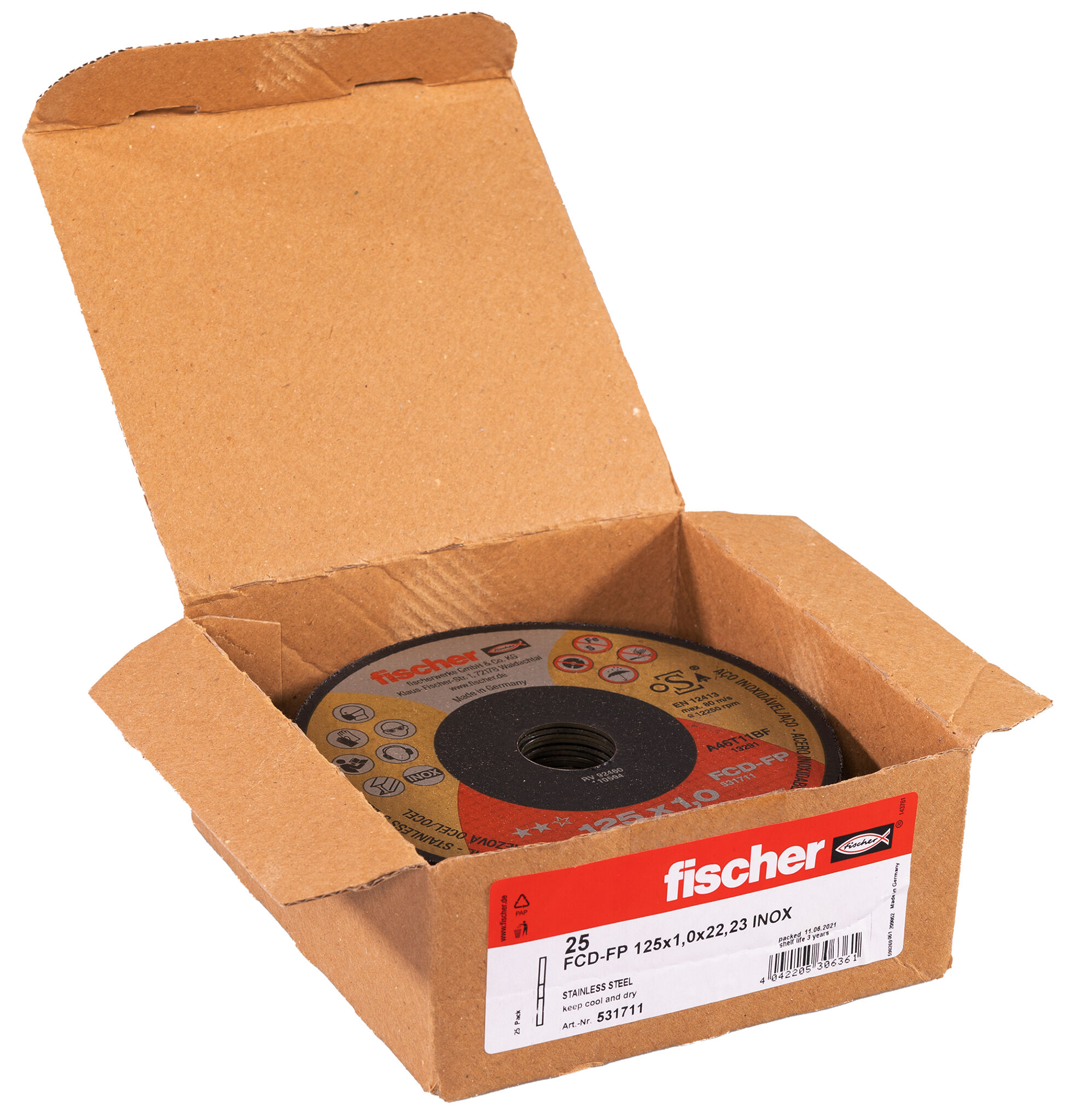 Packaging: "fischer cutting disc FCD-FP 125 x 1.0 x 22.23 inox"