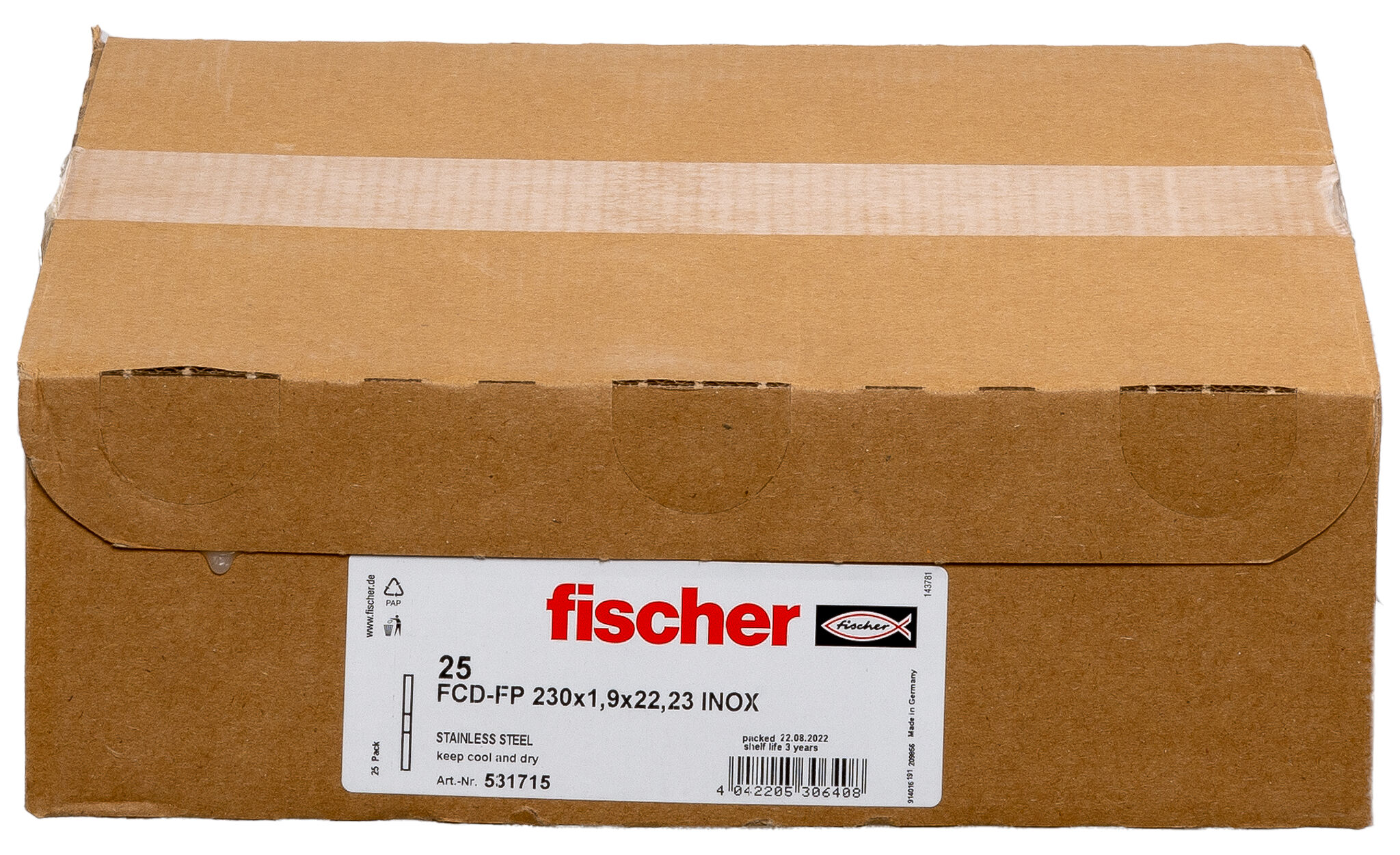 Packaging: "fischer cutting disc FCD-FP 230 x 1.9 x 22.23 inox"