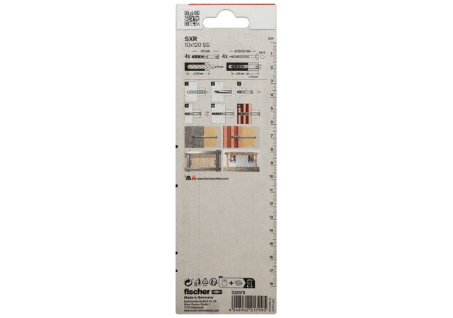 Packaging: "fischer Frame fixing SXR 10 x 120 SS K with hexagonal screw"