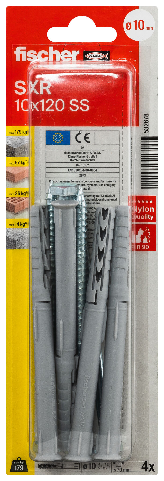 Packaging: "fischer Frame fixing SXR 10 x 120 SS K with hexagonal screw"