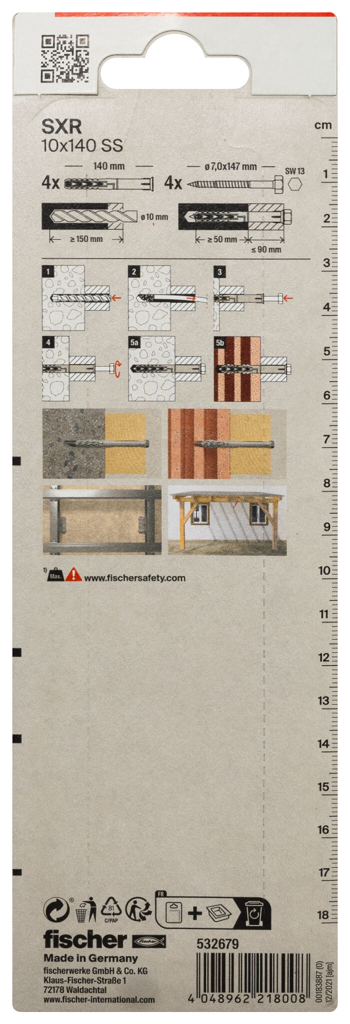 Packaging: "fischer Frame fixing SXR 10 x 140 SS K with hexagonal screw"