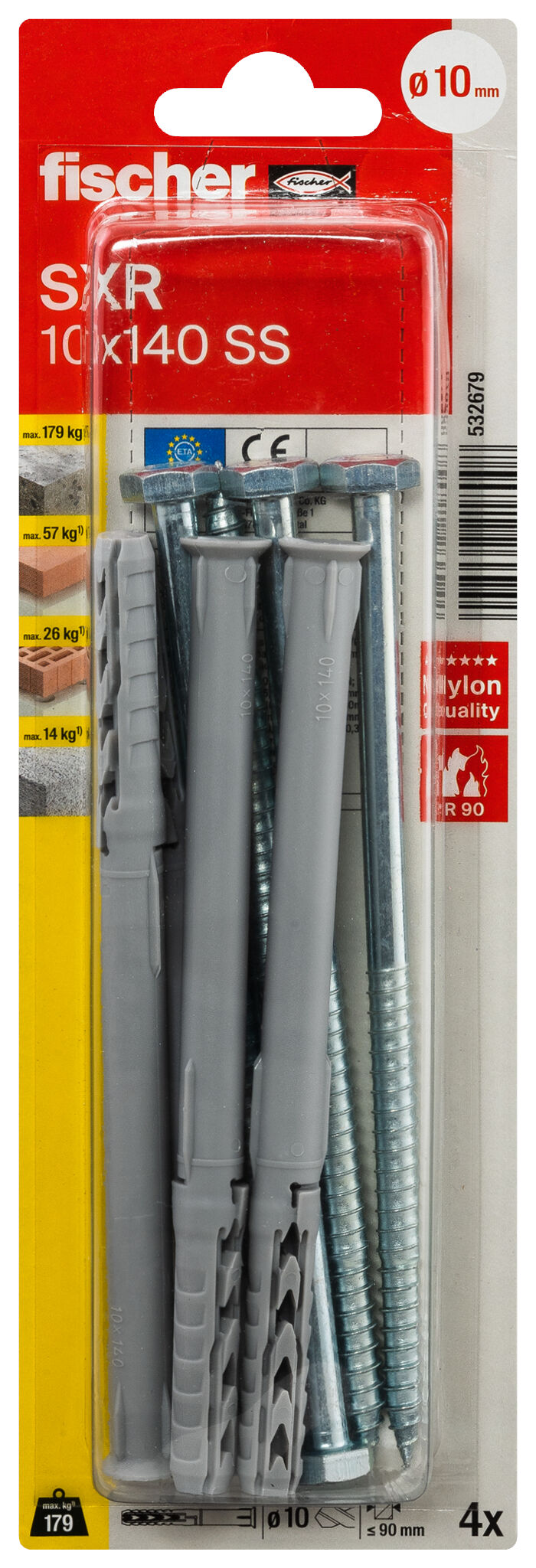 Packaging: "fischer Frame fixing SXR 10 x 140 SS K with hexagonal screw"