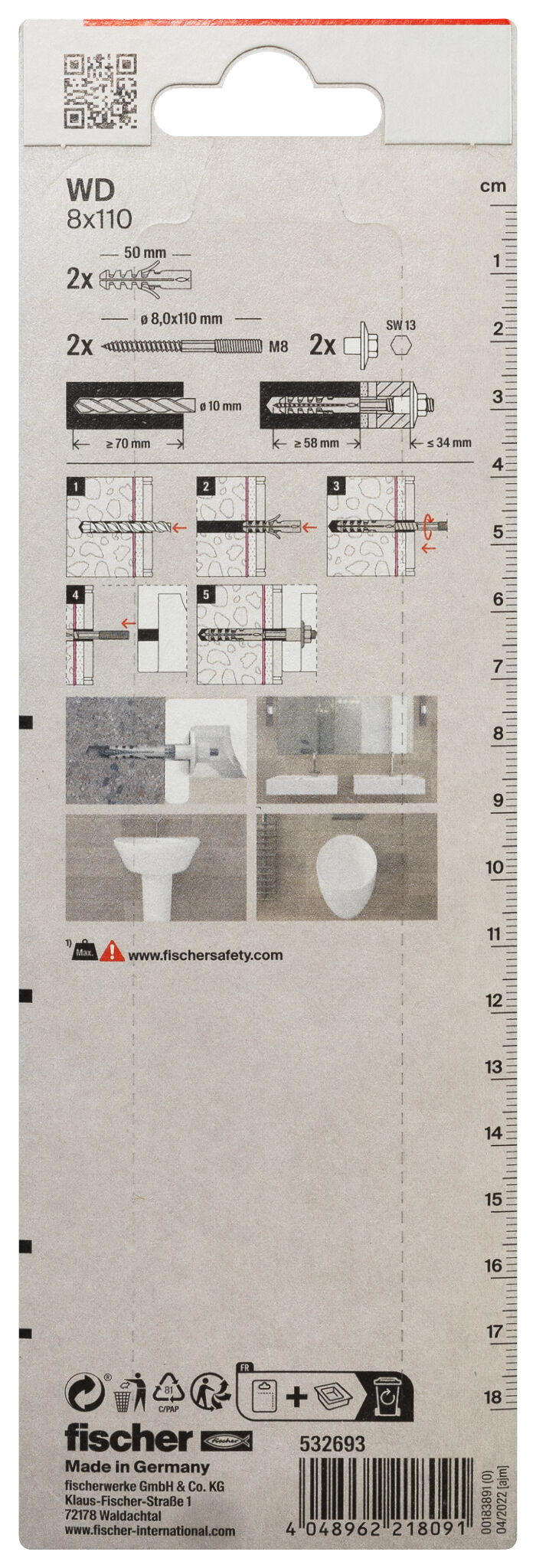 Packaging: "fischer Wash basin and urinal fixing WD 8 x 110"