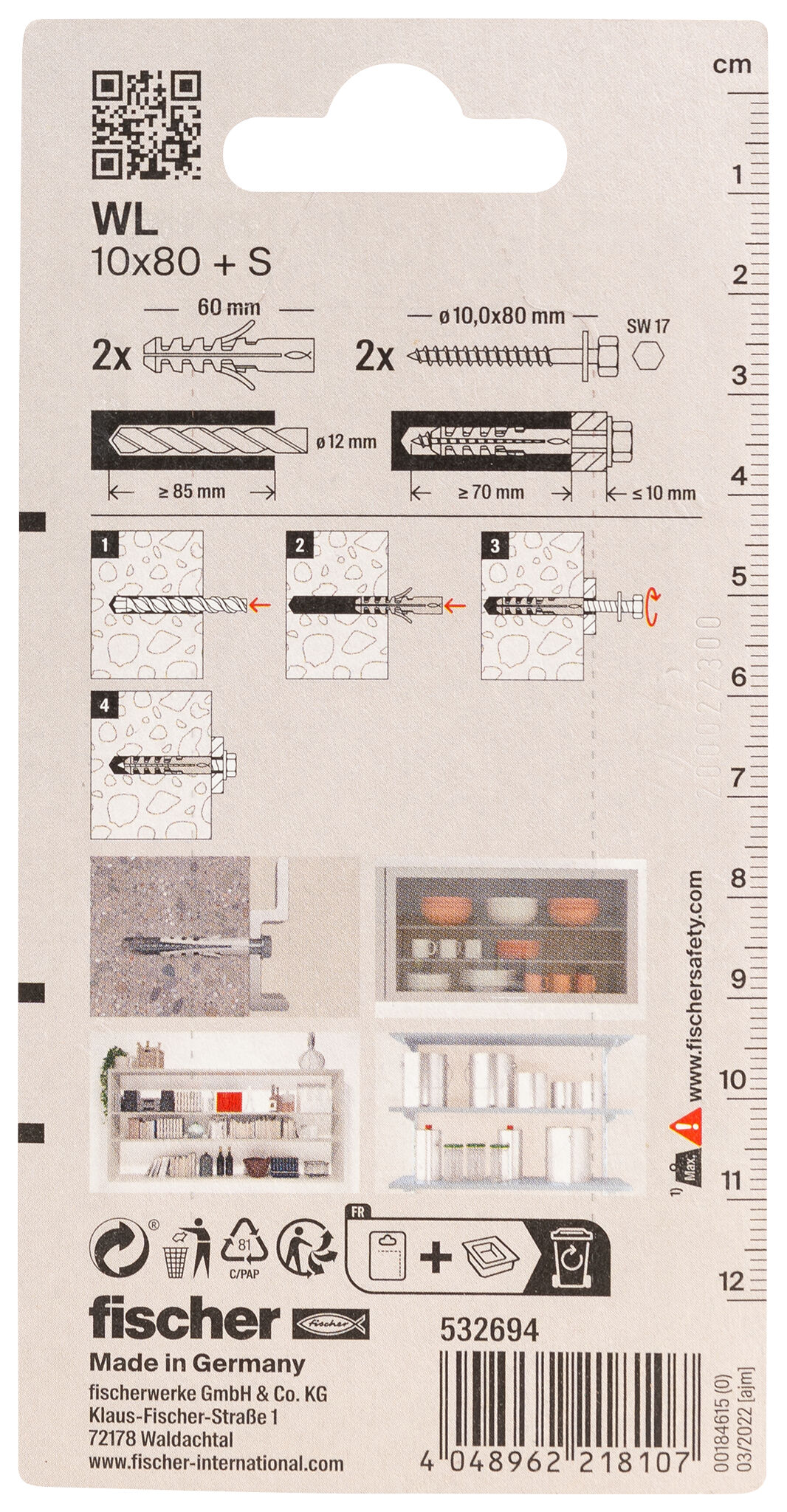Packaging: "fischer WC and sanitary fixing WL 10 x 80 + S SB-card"