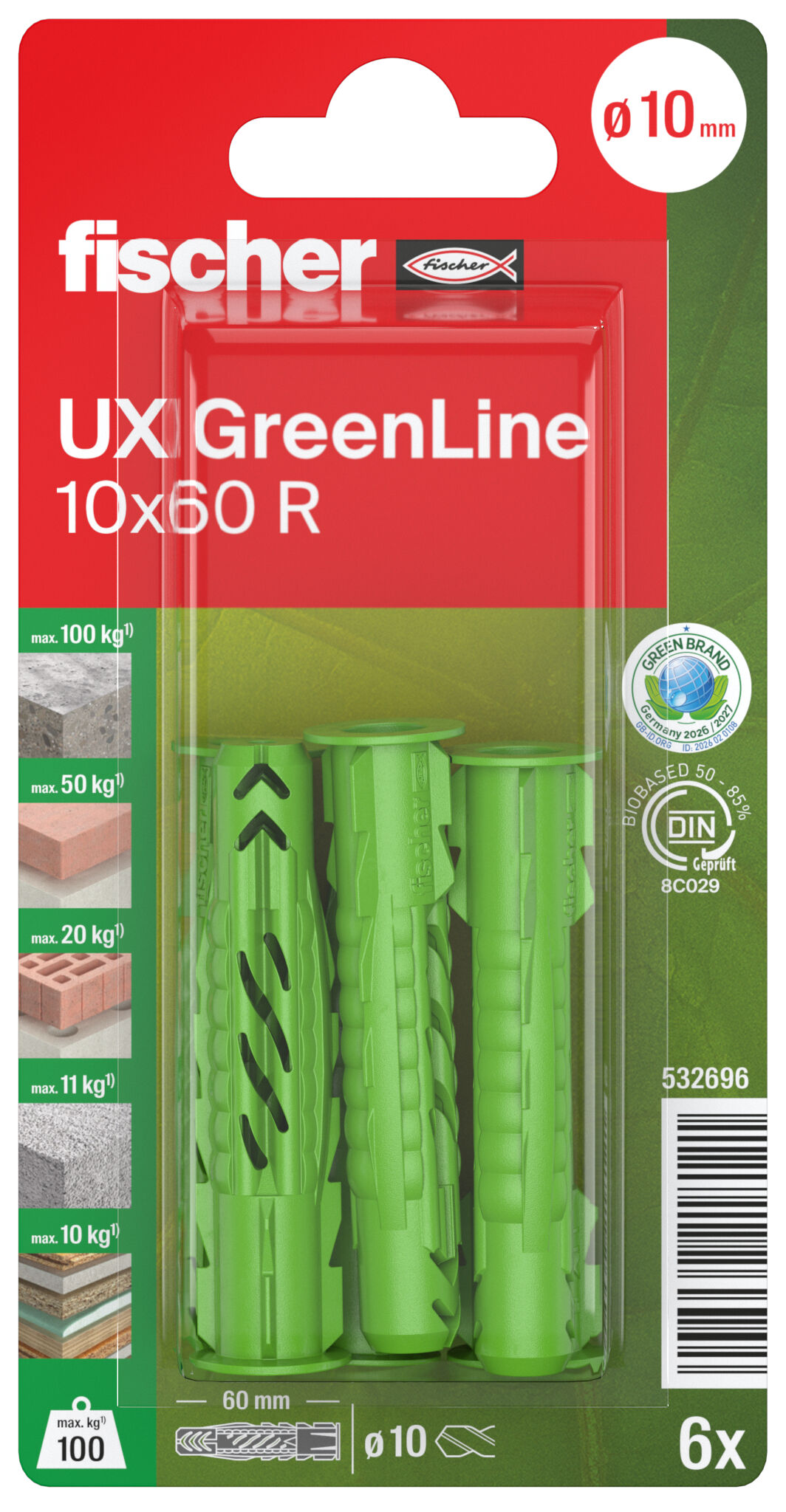 Packaging: "fischer Yleistulppa UX GreenLine 10 x 60 R with rim SB-card"