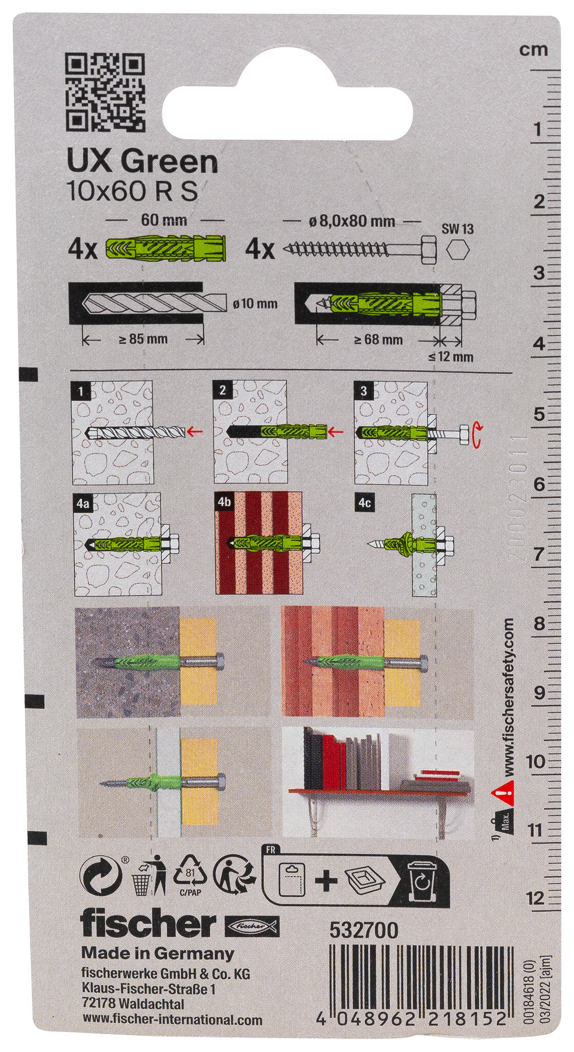 Packaging: "fischer Universal plug UX Green 10 x 60 R S with rim and screw"