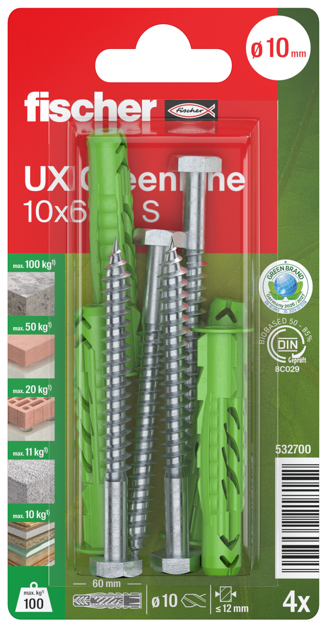 Packaging: "fischer Evrensel tapa UX Green 10 x 60 R S kenarlı ve vidalı"