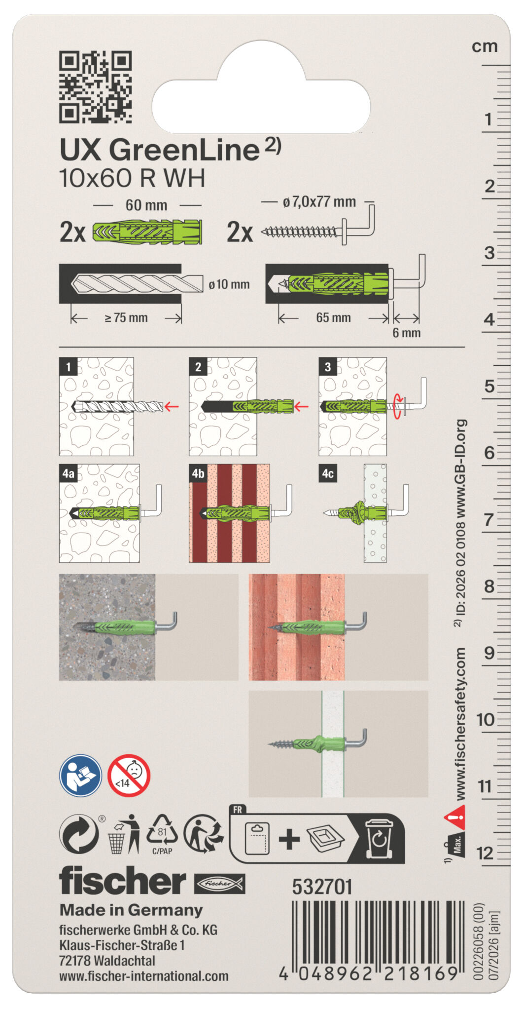 Packaging: "fischer universal plug UX GreenLine 10 x 60 R WH with rim, angle hook SB-card"