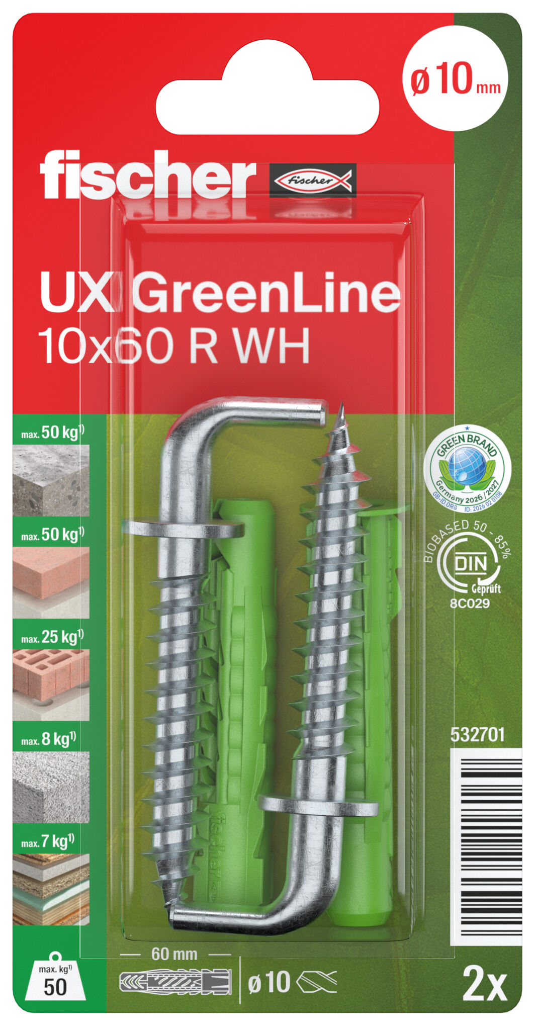 Packaging: "fischer universal plug UX GreenLine 10 x 60 R WH with rim, angle hook SB-card"