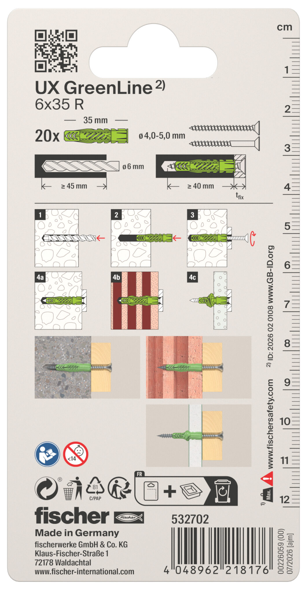 Packaging: "fischer Yleistulppa UX GreenLine 6 x 35 R with rim SB-card"