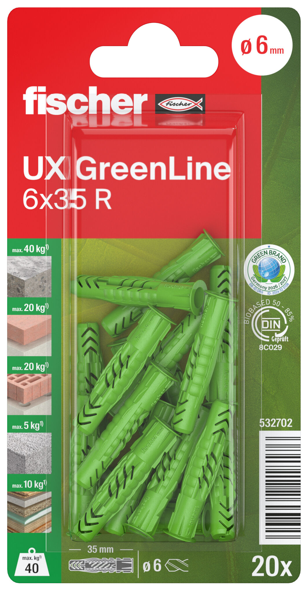 Packaging: "fischer Yleistulppa UX GreenLine 6 x 35 R with rim SB-card"
