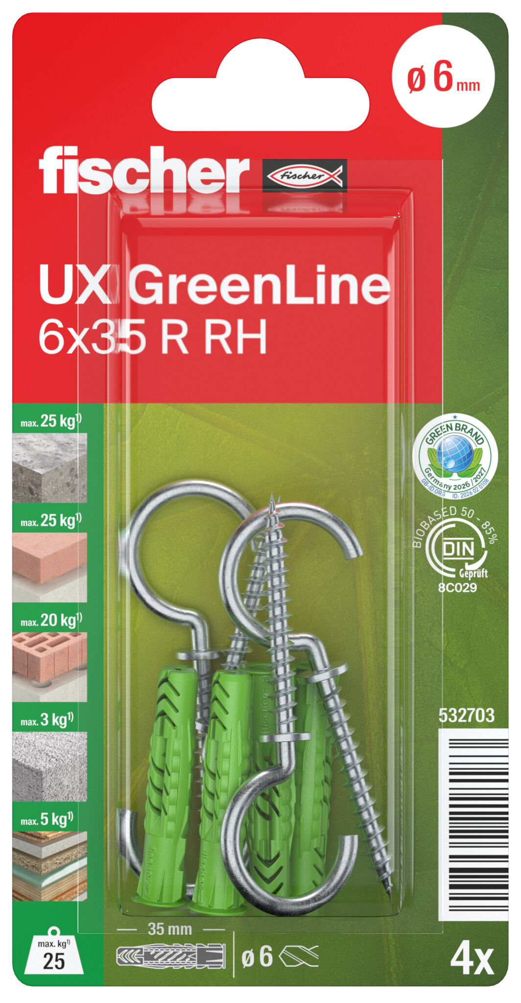 Packaging: "피셔 범용 플러그 UX GreenLine 6 x 35 RH 림(rim) 원형 훅"