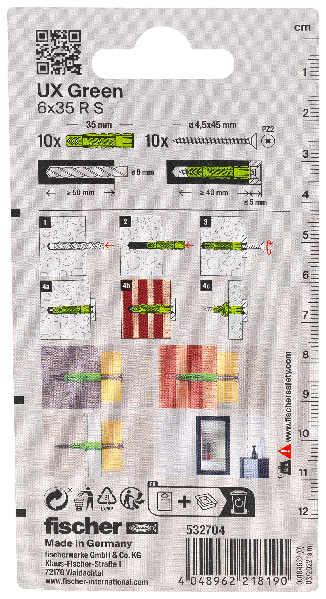 Packaging: "fischer Universal plug UX Green 6 x 35 R S with rim and screw"