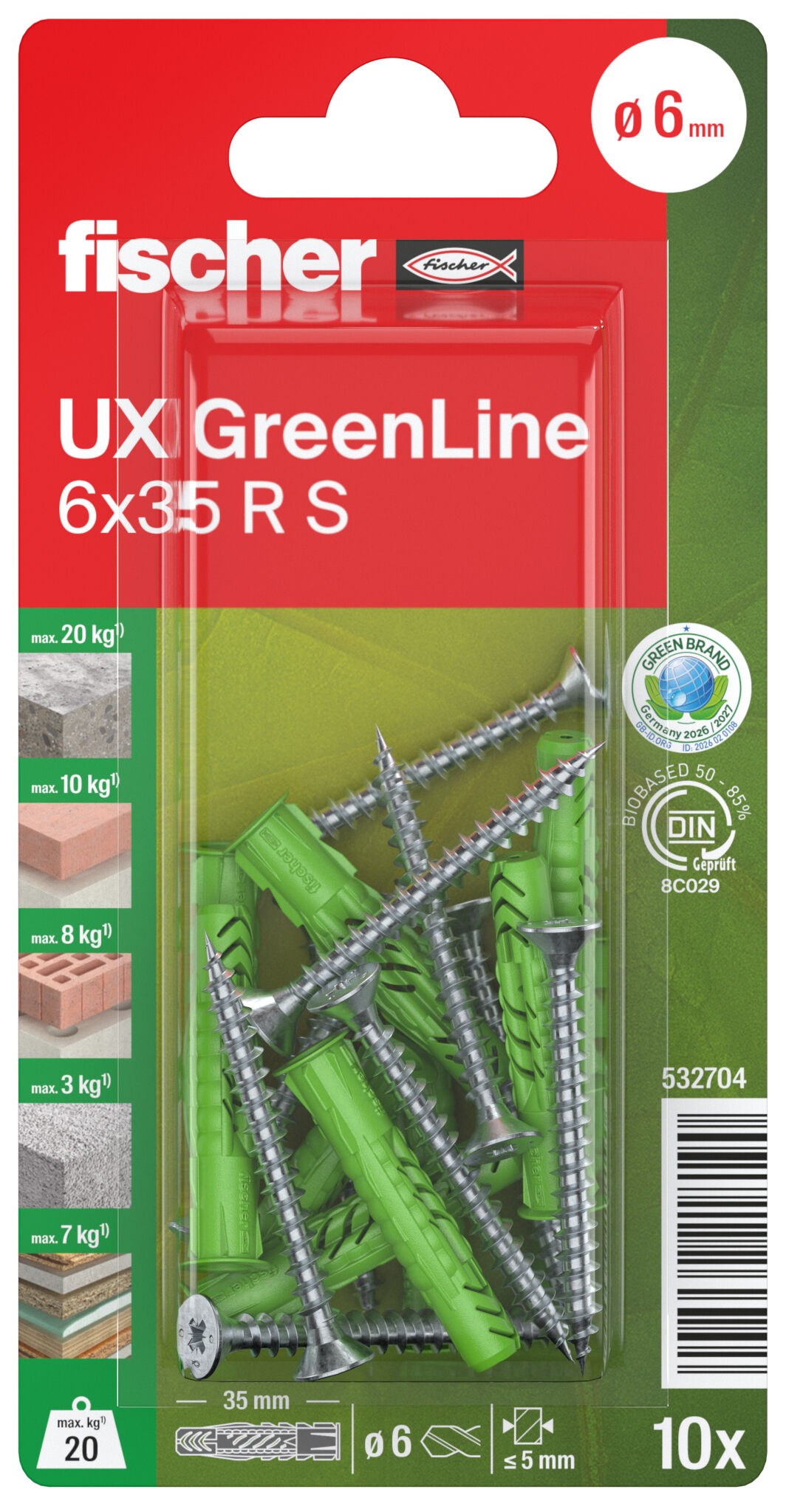 Packaging: "fischer Evrensel tapa UX Green 6 x 35 R S kenarlı ve vidalı"