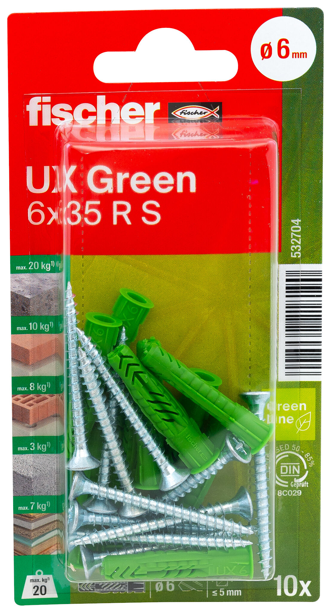 Packaging: "fischer Universal plug UX Green 6 x 35 R S with rim and screw"