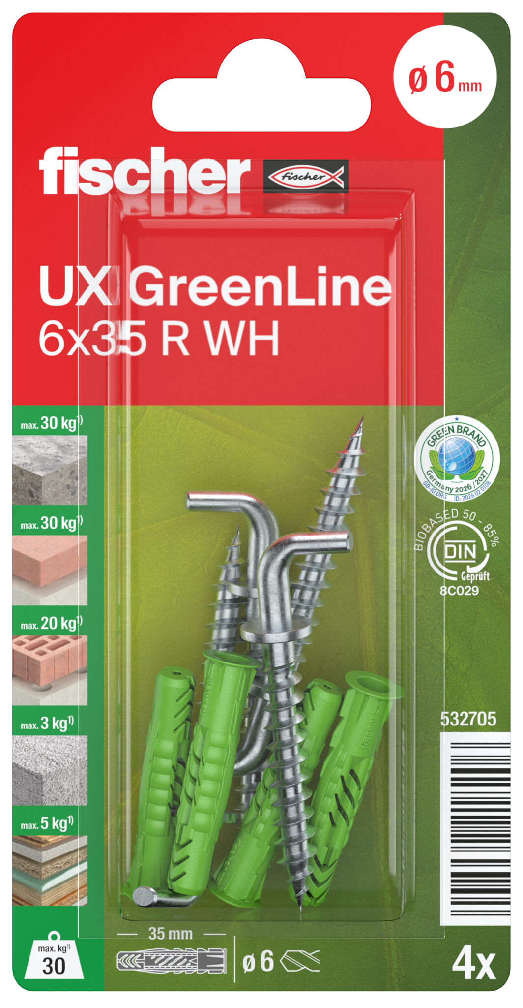 Packaging: "fischer Tampão universal UX GreenLine 6 x 35 R WH com rebordo, angle hook"