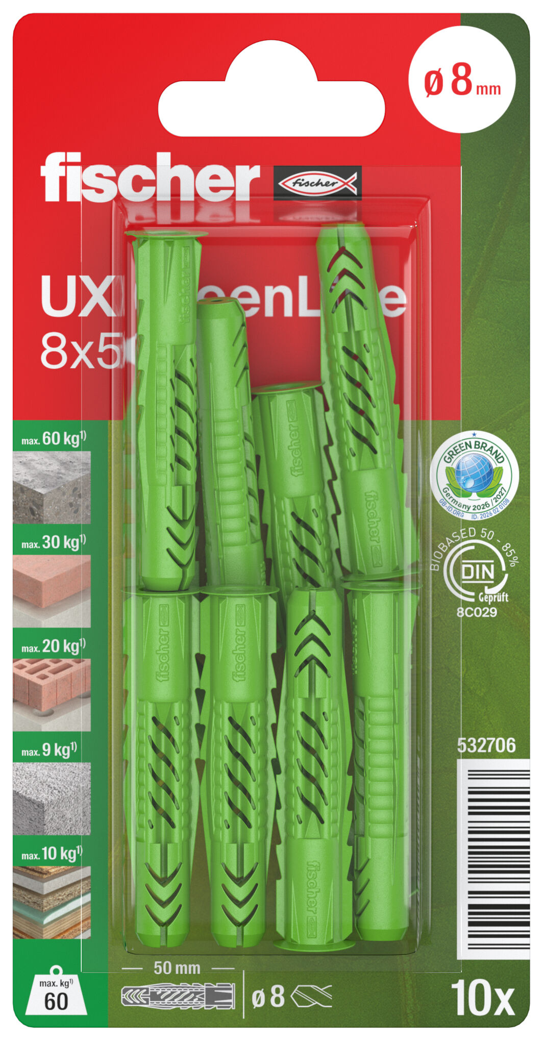 Packaging: "fischer Evrensel tapa UX Green 8 x 50 R kenarlı SB kart"