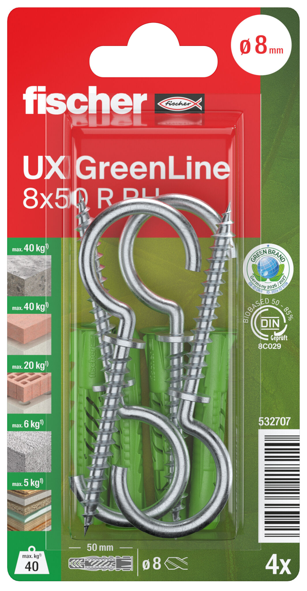 Packaging: "fischer Tampão universal UX GreenLine 8 x 50 R RH com rebordo, round hook"
