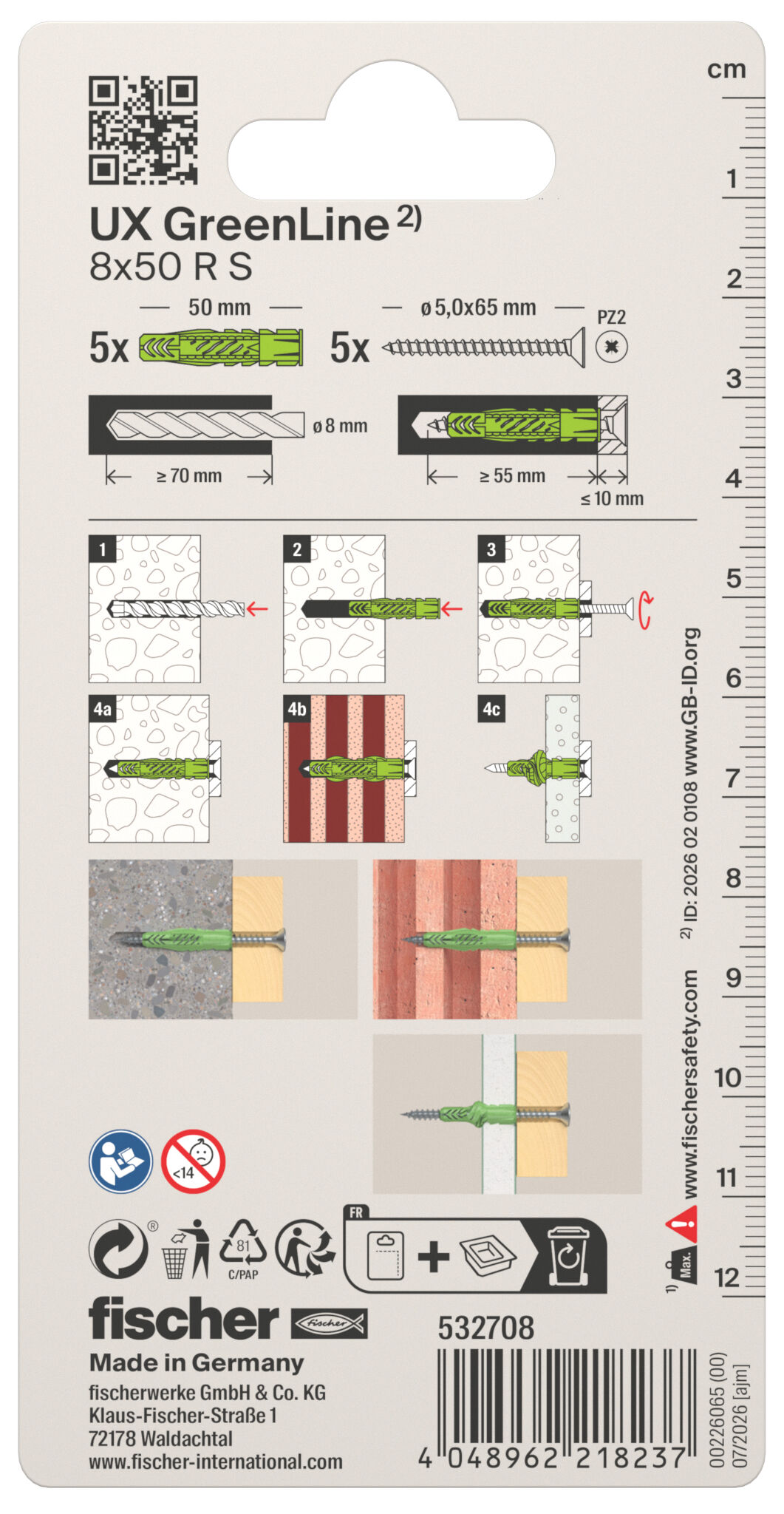 Packaging: "fischer Yleistulppa UX GreenLine 8 x 50 R S"