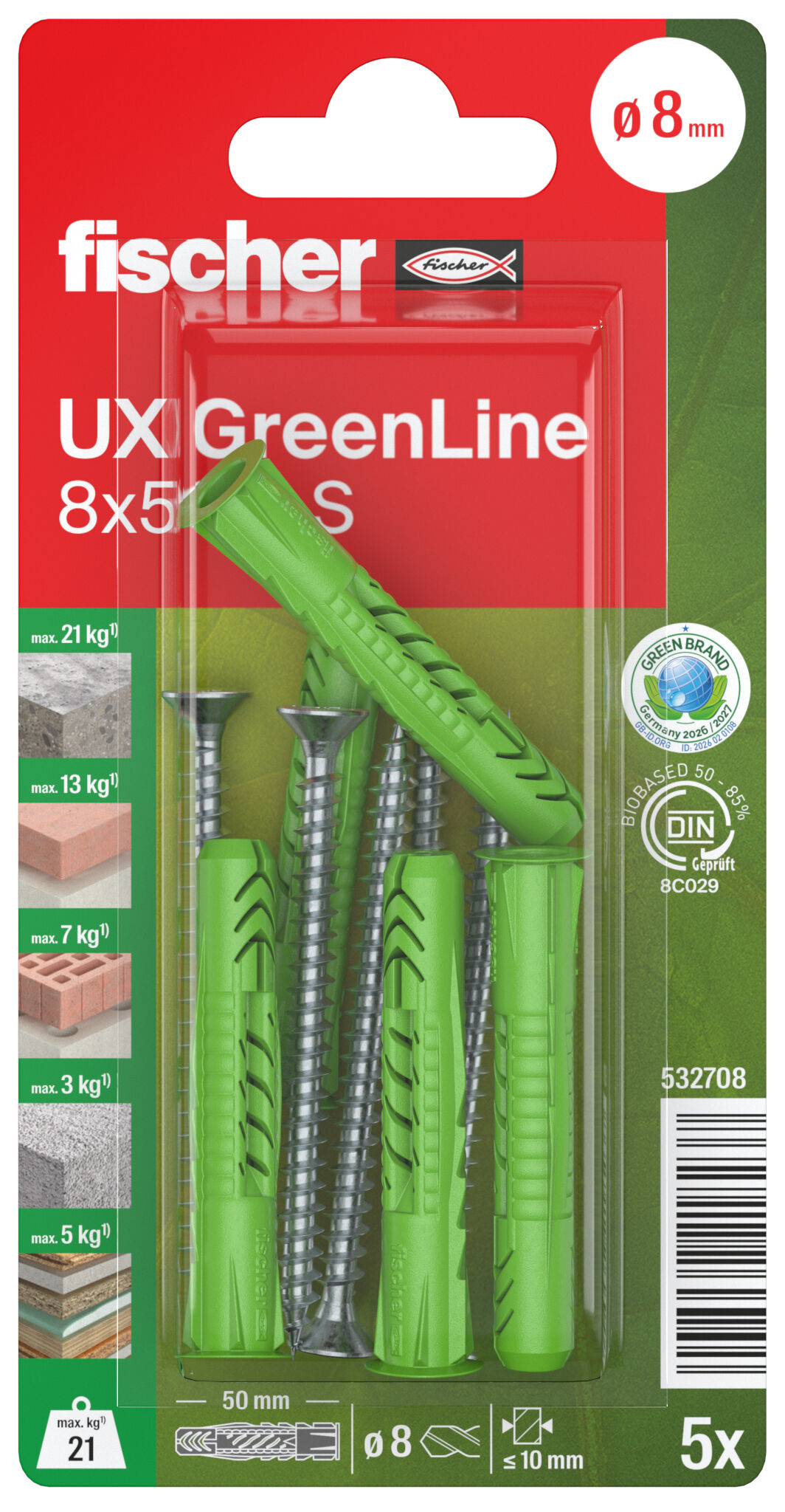 Packaging: "fischer Yleistulppa UX GreenLine 8 x 50 R S"